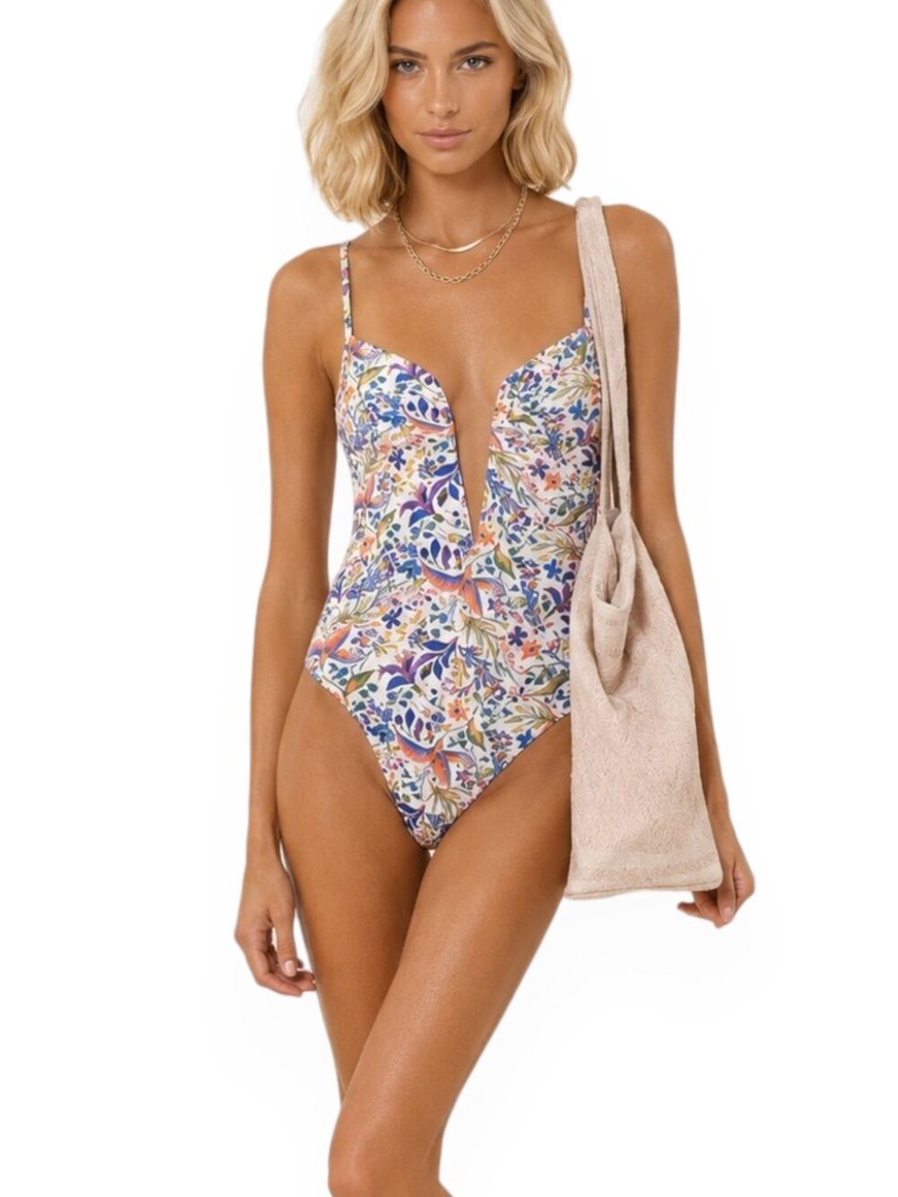 Hale Bob Adora Shirred One Piece Swimsuit in Ivory White Colorful Floral NWT M
